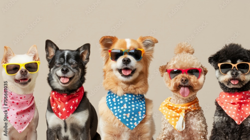 Group of dogs with sunglasses and bandanas posing on a beige background.