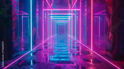 Futuristic neon-lit corridor with reflective floor and silhouetted figure.
