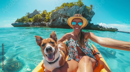 A smiling woman in a hat kayaking with her dog on a clear blue sea.