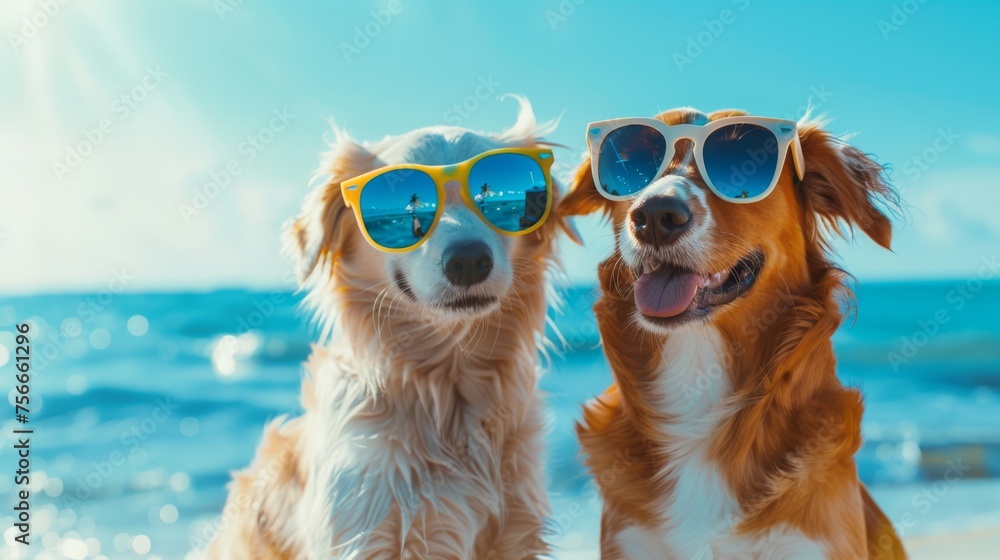 Two dogs wearing sunglasses at the beach with reflections of palm trees in the lenses.