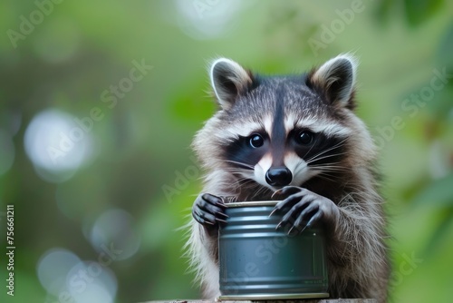 Sly raccoon opening a can of food