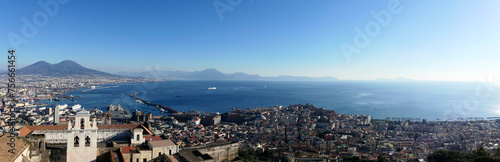  Panoramic view city of Naples, the Gulf of Naples, the Vesuvius volcano and the island of Capri. Castel Sant'Elmo, medieval fortress located on Vomero Hill. The Certosa di San Martino. Naples. Italy