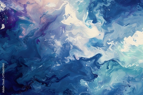 Fluid Swirling Abstract Art in Shades of Blue and Purple on Dark Background, Evoking Deep Ocean Waves and Cosmic Galaxies