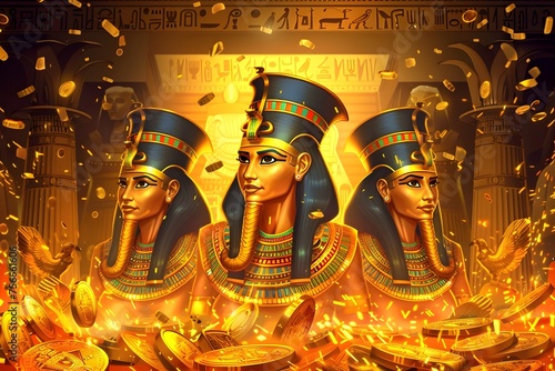 Three Pharaohs Surrounded by Treasure in a Golden Egyptian Themed Slot Game with Luxurious 2D Cartoon Art Style