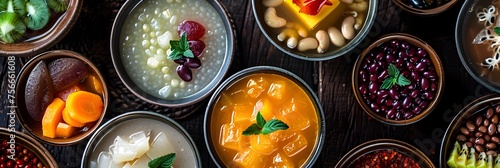 An array of colorful traditional Asian desserts featuring various fruits and textures, beautifully presented in ceramic bowls.