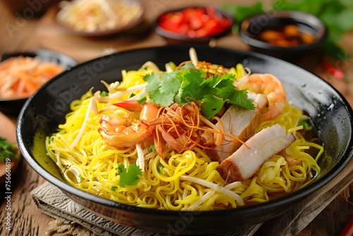 Turmeric-dyed Rice Noodles with Assorted Toppings - A Vibrant Vietnamese Street Food Advertisement