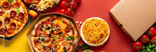 Vibrant Italian Feast on a Colorful Tabletop A Tempting Food Delivery Spread