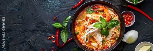 Vibrant Thai Soup with Noodles, Chicken, and Herbs Advertising the Richness of Thai Cuisine