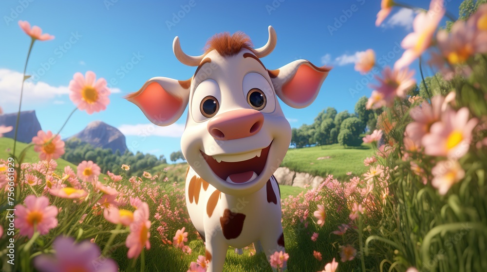 Cartoon a dairy cow in a field of flowers. 3d illustration - obrazy, fototapety, plakaty 