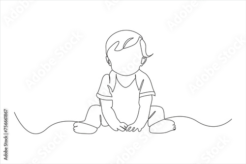 Baby boy sitting in continuous line art drawing style.  childhood. Isolated flat illustration hand draw contour on a white background