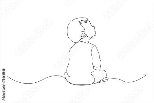 Baby boy sitting in continuous line art drawing style.  childhood. Isolated flat illustration hand draw contour on a white background