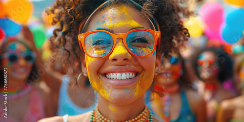 Happy Woman with colorful face enjoy at holi color festival, There is empty space for text on the top of the photo,