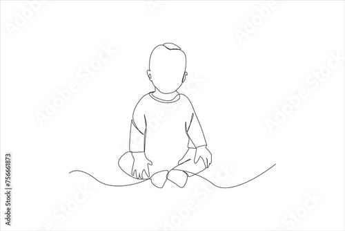 Baby boy sitting in continuous line art drawing style.  childhood. Isolated flat illustration hand draw contour on a white background