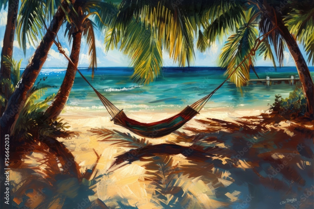 Fototapeta premium Swinging in a hammock under a palm tree shadow