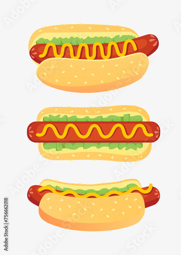 vector set of hot dog, fast food, hot dog bun, lettuce leaves, tomato, cucumber, onion, pepper slices, mustard and ketchup. © Elizabeth