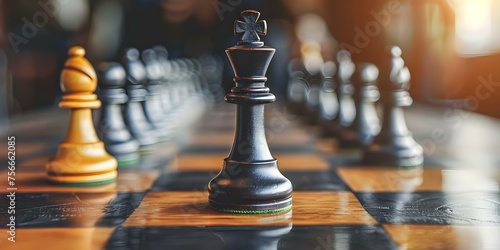 Symbolism of a strategic chess move on the board exemplifying leadership, teamwork, and competitive strategy. Concept Leadership in Chess, Teamwork in Strategy, Competitive Moves, Symbolism in Chess