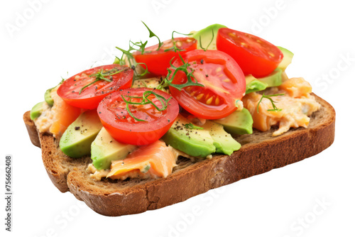 Scrambled eggs with smoked salmon, tomatoes and avocado on whole wheat bread Isolated on transparent background.