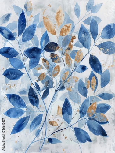 A painting featuring intricate blue leaves set against a clean white background.