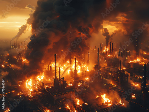 Apocalyptic industrial landscape with massive fires and smoke plumes at night.