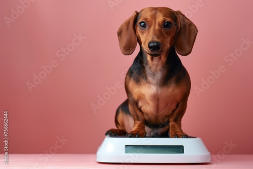 Concerned dachshund on scale checking weight, pet health concept