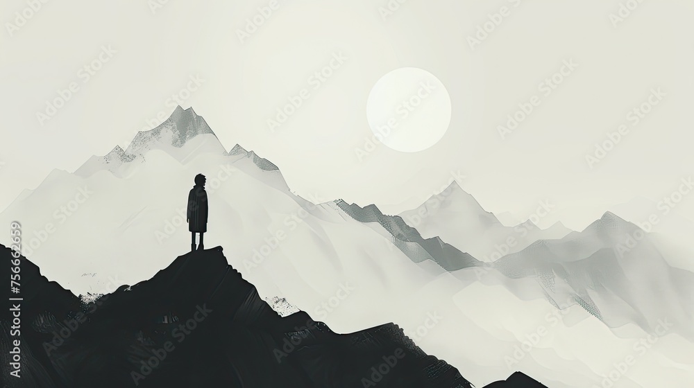 The silhouette of a person fades into the outline of a mountain range.