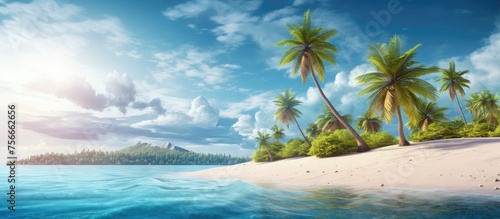 A stunning natural landscape with palm trees swaying in the gentle breeze on a tropical beach, with a small island visible in the background under a clear blue sky filled with fluffy white clouds