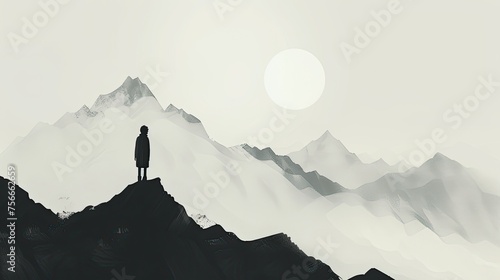 The silhouette of a person fades into the outline of a mountain range. © SaroStock