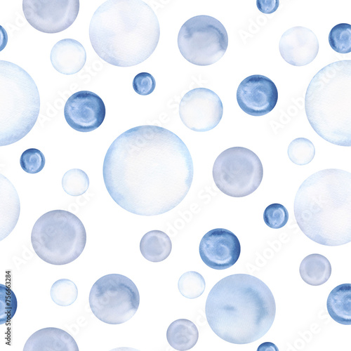 Seamless pattern with blue polka dots on a white background, hand-drawn. Abstract background of blue dots. Pattern template for fabric, wrapping paper, design, decoration. Soap bubbles, foam.