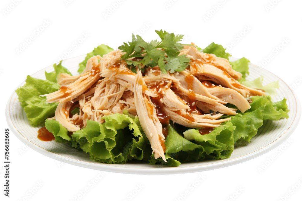 Shredded boiled chicken breast mixed with salad dressing, sprinkled with coriander, arranged on a refreshing lettuce leaf, topped with sesame dressing, fragrant sesame scent Shredded boiled chicken breast mixed with salad dressing, sprinkled with coriander, arranged on a refreshing lettuce leaf, topped with sesame dressing, fragrant sesame scent