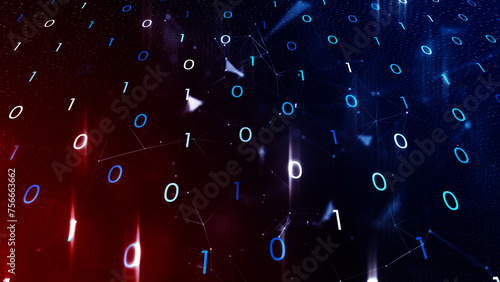 Abstract red blue glowing binary data cyberspace illustration background.