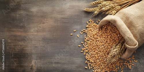Golden wheat ears and wheat grain in a sack, on natural copy space background. Concept: natural, organic ingredients for bakery, baking bread, and bio flour. 
