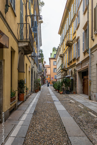 The street with ancient buildings in the center of Milan, Italy