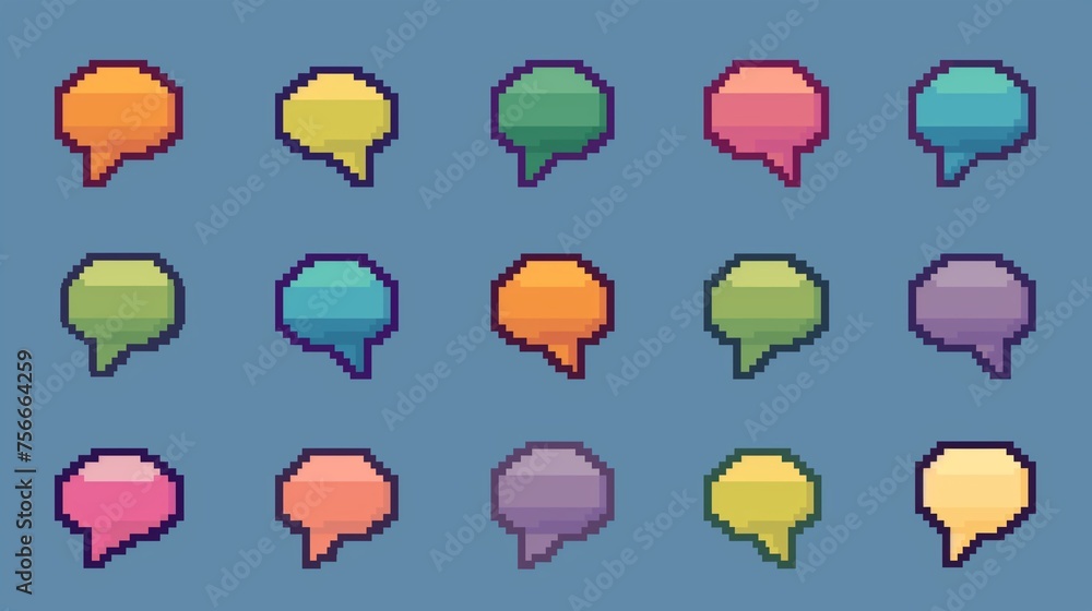 (15) Simple pixel art speech bubble icons with a minimalist design, ideal for modern user interfaces. (15) Simple pixel art speech bubble icons with a minimalist design, ideal for modern user interfaces.