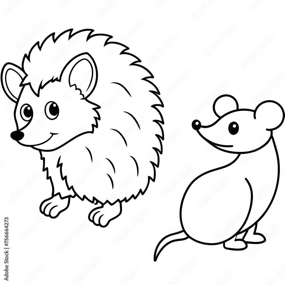 Fototapeta premium Coloring pages with hedgehog and mouse Line art vector
