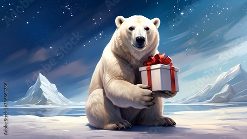 Polar bear holding white gift box with red bow in Arctic landscape.  photo