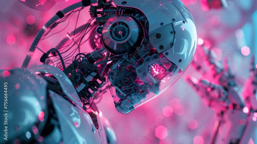 Close up of a robot with vibrant pink lights in the background