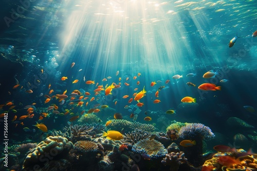 An underwater coral reef scene, diverse marine life, vivid colors, showcasing the beauty and diversity of ocean life. Underwater photography, coral reef ecosystem, diverse marine life,. Resplendent. © Summit Art Creations