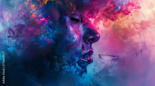 Abstract portrait of a woman in colorful smoke. A woman's face is in purple, pink, yellow and pink smoke.