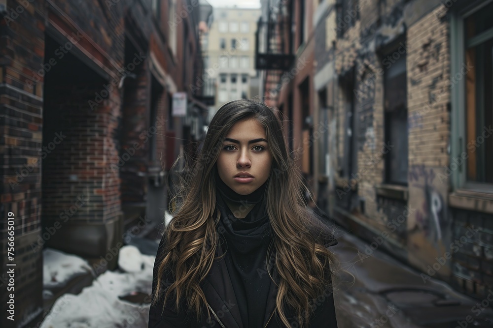 Woman With Long Hair Standing in Hallway Woman With Long Hair Standing in Hallway