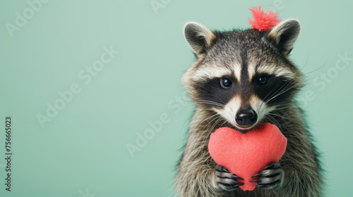 A raccoon, holding a plush red heart, stands against an isolated pastel green background, emanating warmth and charm. © Evgeniia