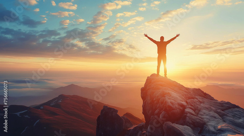 Silhouette of a person on the top of mountain.
Success, Personal growth concept.