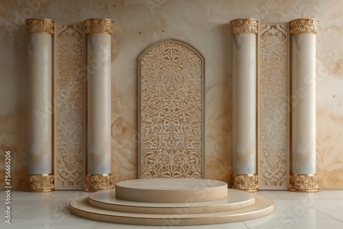 Empty Cylindrical Podium in Oriental Palekh Style, An empty cylindrical podium showcases intricate designs in the traditional Palekh style, reminiscent of Eastern, Turkish, and Arabian aesthetics. photo