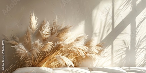 Dry pampas grass. Modernly decorated room. The minimalist concept of pampas. Sunlight falls on the grass and the wall.