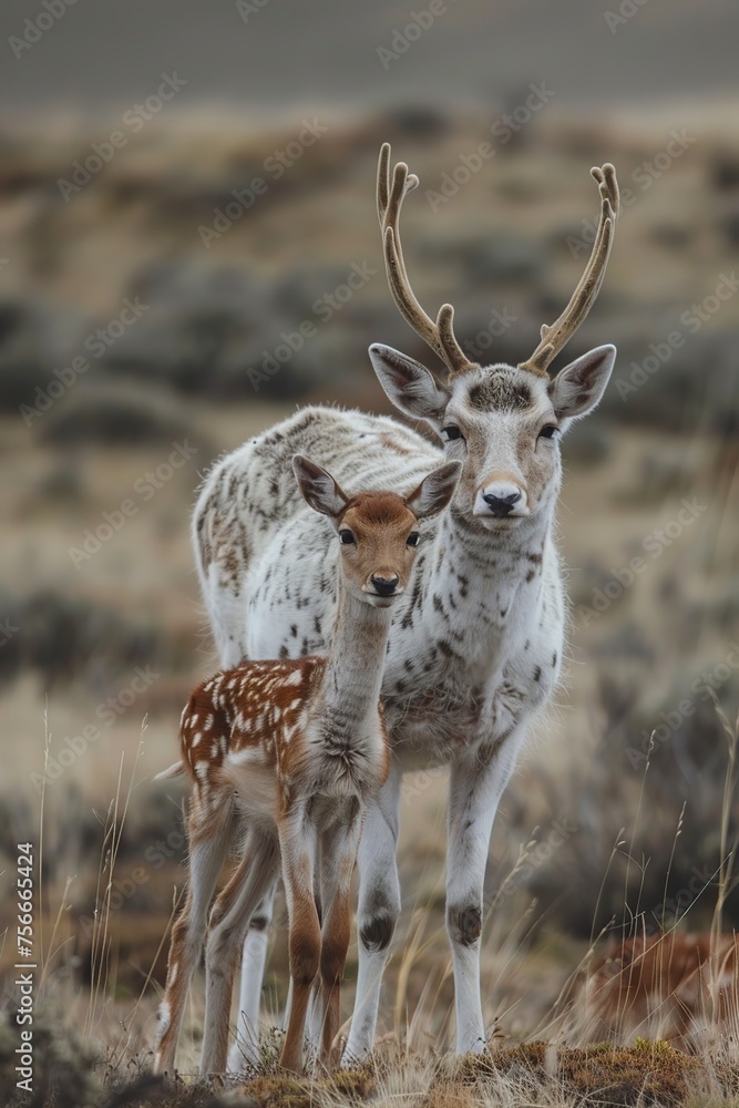 Fototapeta premium Deer Couple Standing in Dry Grass Field