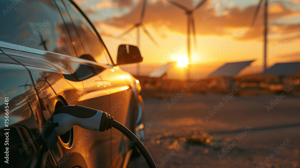 Electric car recharging powered by energy produced from wind turbines, sunset wind turbines