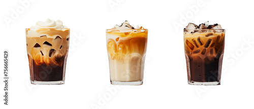 Set of three iced coffee in glass isolated on white or transparent background.