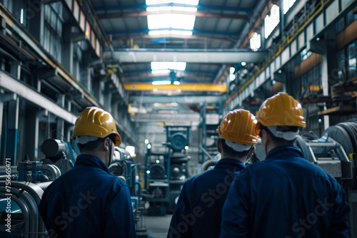 Viewed from behind, workers in yellow helmets and blue uniforms gaze at the factory floor, their attentive stance reflecting dedication and focus in their industrial surroundings.