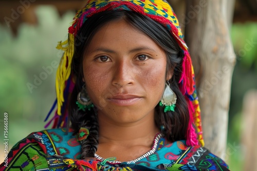 Woman in Colorful Dress Standing Next to Pole photo