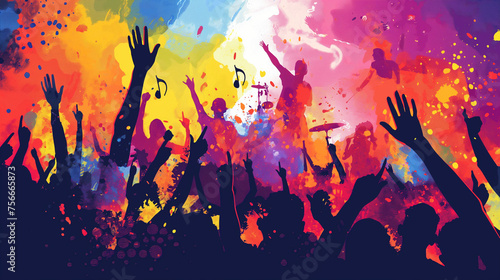 Musikfestival Werbung Plakat abstrakt und bunt in neonfarben mit feiernden Menschen Generative AI photo