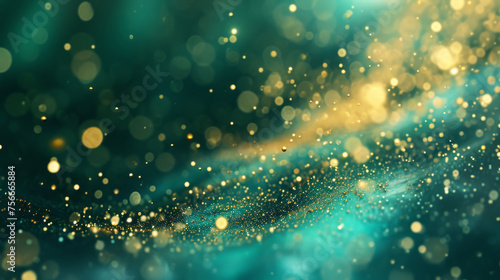 An abstract background showcases a captivating fusion of blue and green tones, adorned with shimmering gold particles, delicately accentuated by highlights and soft blurs.